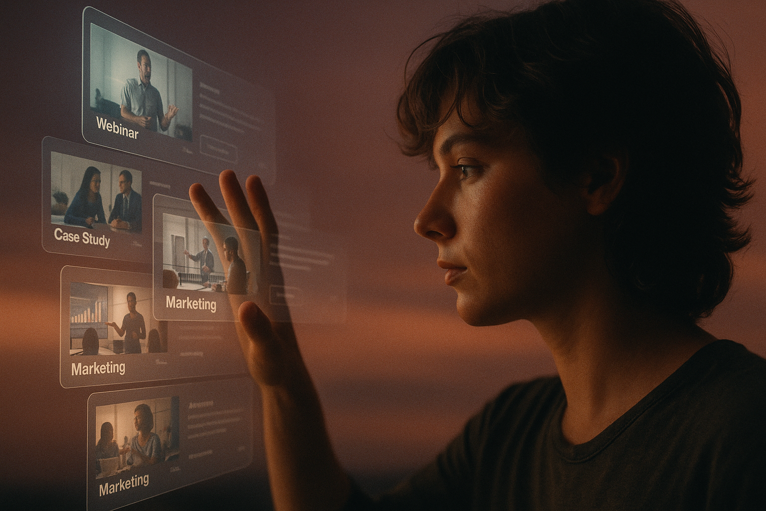 Woman interacting with holographic content interface showing webinar, case study, and marketing cards